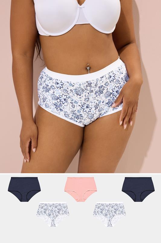 YOURSET 5 PACK Plus Size Navy Blue Floral Print Full Briefs | Yours Clothing 1