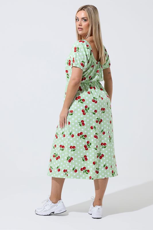 LIMITED COLLECTION Plus Size Green Cherry Gingham Bardot Dress | Yours Clothing 2