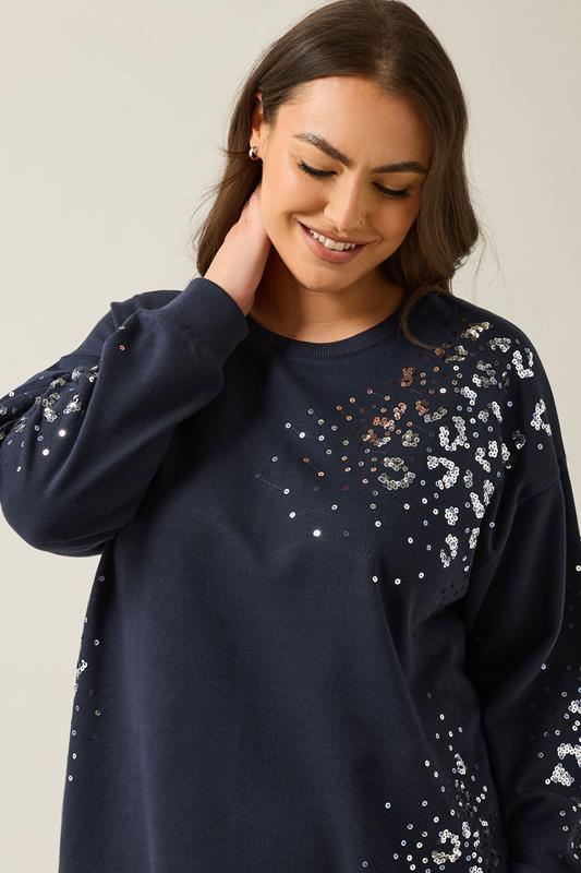 EVANS Plus Size Navy Blue Leopard Sequin Embellished Sweatshirt | Evans 5