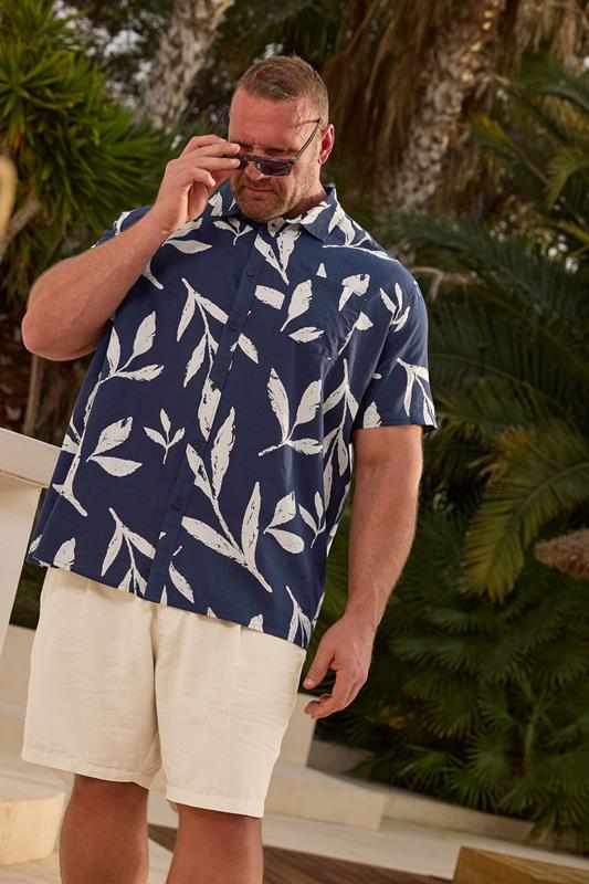 BadRhino Big & Tall Navy Blue Palm Leaf Linen Shirt
