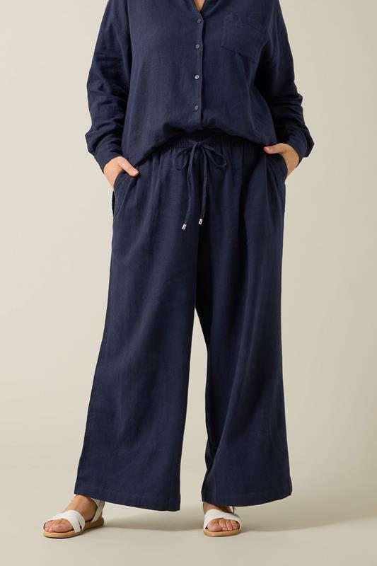EVANS Plus Size Navy Blue Wide Leg Premium Linen Trousers | Evans 2