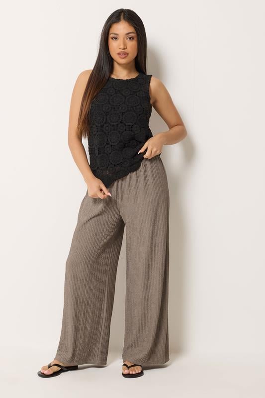 M&Co Petite Mocha Brown Crinkle Wide Leg Trousers | M&Co 1