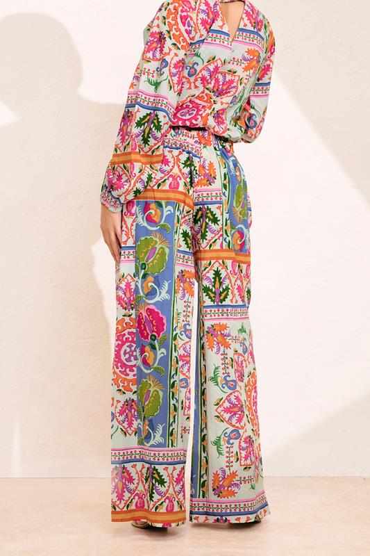 PixieGirl Petite Women's Orange Abstract Tile Print Cotton Wide Leg Trousers | PixieGirl 4