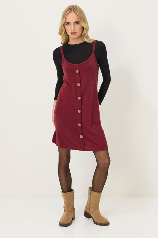 PixieGirl Petite Burgundy Red Ribbed Button Mini Dress | PixieGirl 1