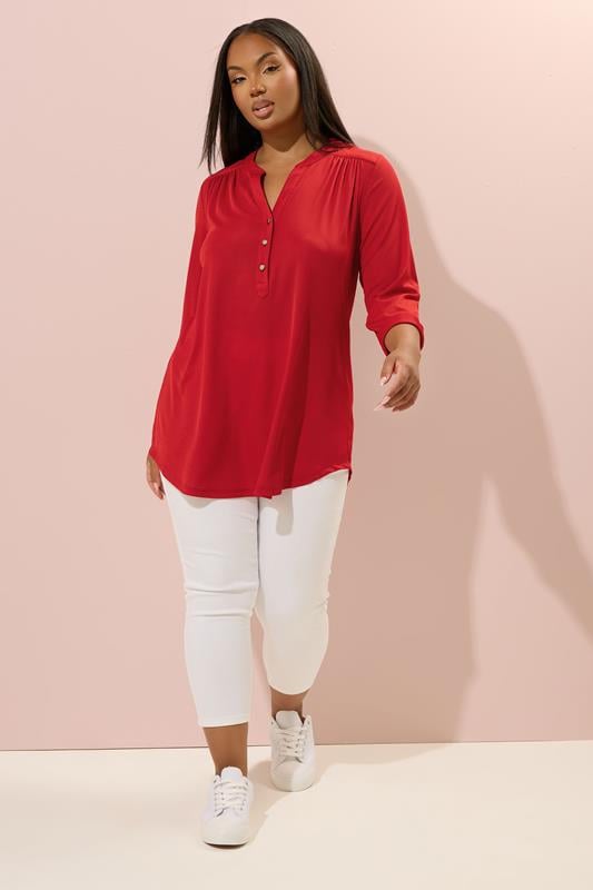 YOURS Plus Size Red Half Placket Ribbed Shirt | Yours Clothing 1