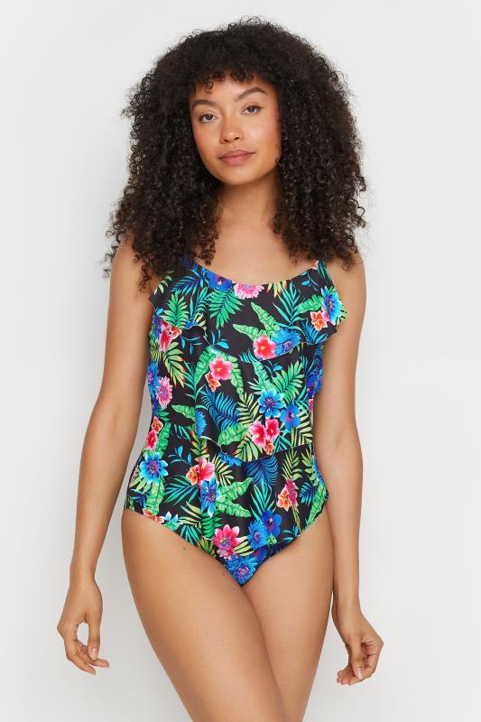 Women's  M&Co Black Tropical Print Triple Frill Swimsuit
