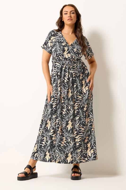 YOURS Curve Black Leaf Print Wrap Front Maxi Dress