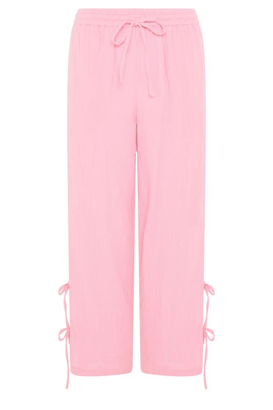 PixieGirl Petite Women's Pink Tie Detail Cotton Cheesecloth Wide Leg Trousers | PixieGirl 5