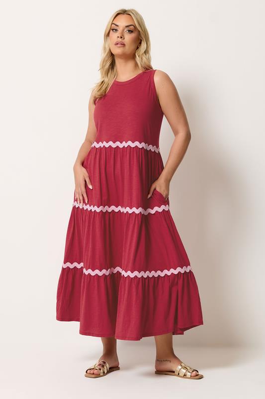 YOURS Curve Red Swirl Trim Tiered Maxi Dress