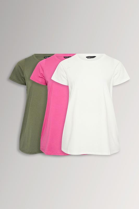 YOURSET 3 PACK Curve Khaki Green & Pink Core T-Shirts
