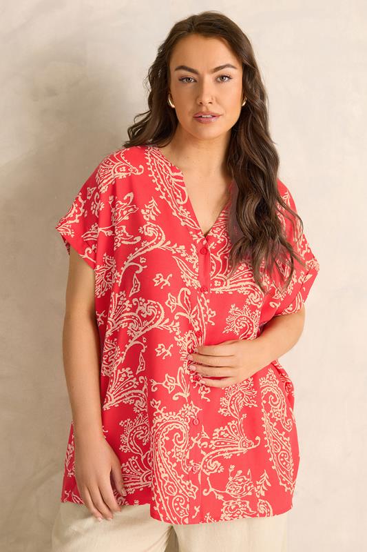 EVANS Curve Red Paisley Notch Neck Modal Shirt