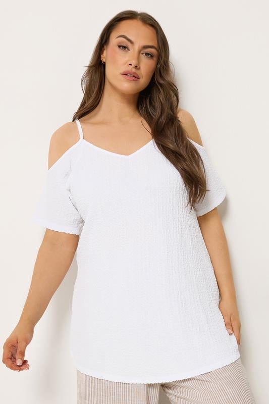 YOURS Curve White Textured Cold Shoulder Top