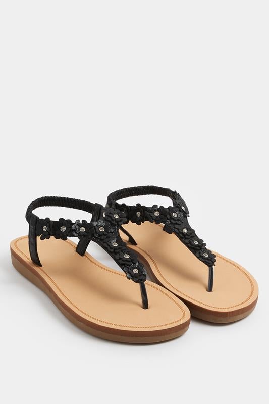  Yours Black Flower Detail Diamante Sandals In Wide E Fit