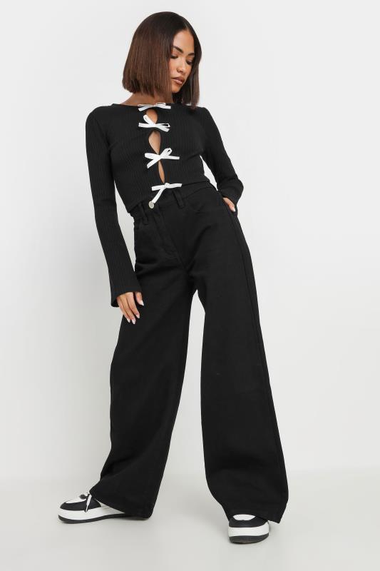 PixieGirl Petite Women's Black Ribbed Bow Detail Long Sleeve Top | PixieGirl 6