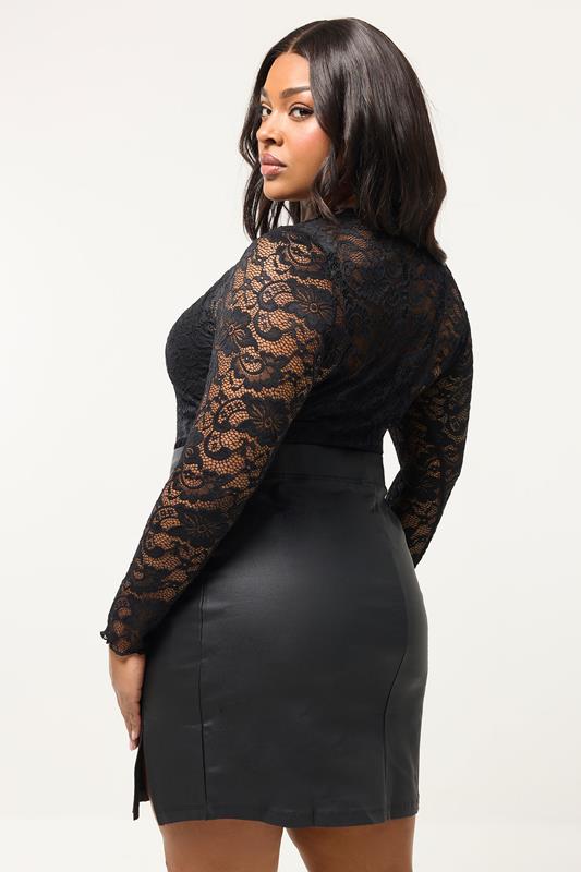 YOURS Plus Size Black Coated Split Hem Mini Skirt | Yours Clothing 2