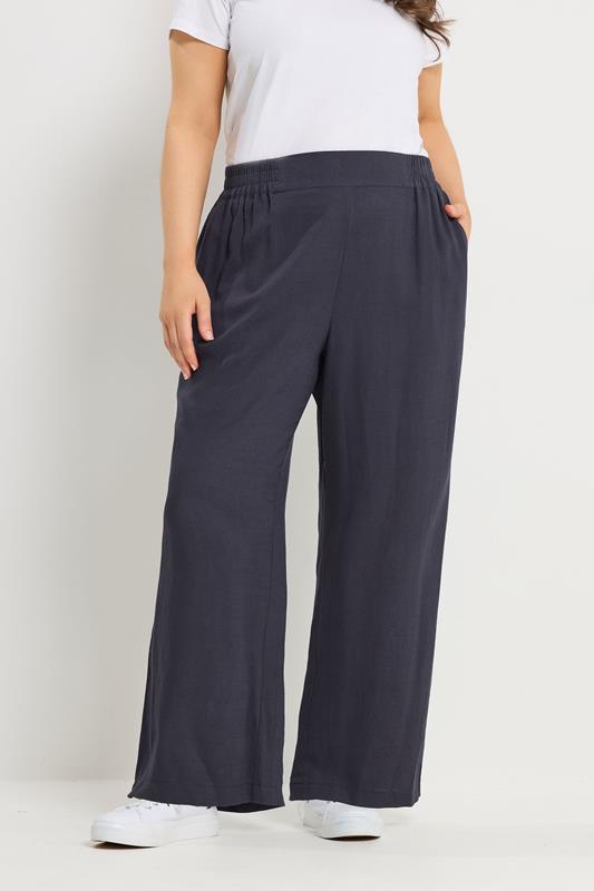 YOURS Curve Navy Blue Linen Wide Leg Trousers