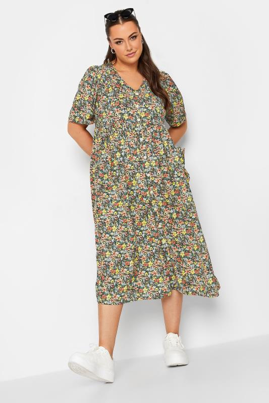 LIMITED COLLECTION Plus Size Yellow Floral Drop Pocket Smock Dress | Yours Clothing 2