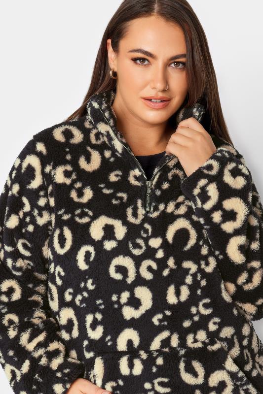 YOURS Plus Size Black Leopard Print Half Zip Fleece Sweatshirt | Yours Clothing 5