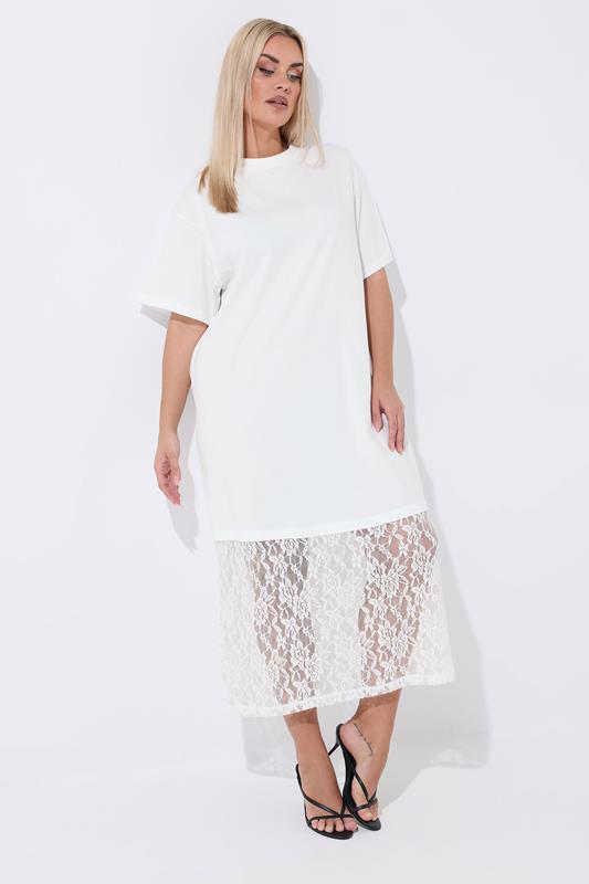 LIMITED COLLECTION Plus Size White Lace Trim Dress | Yours Clothing 1