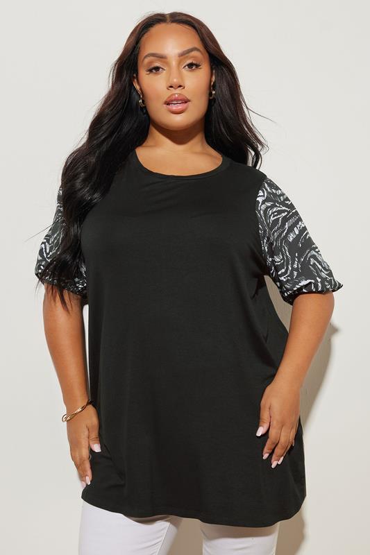 YOURS Curve Black Animal Print Sleeve Top