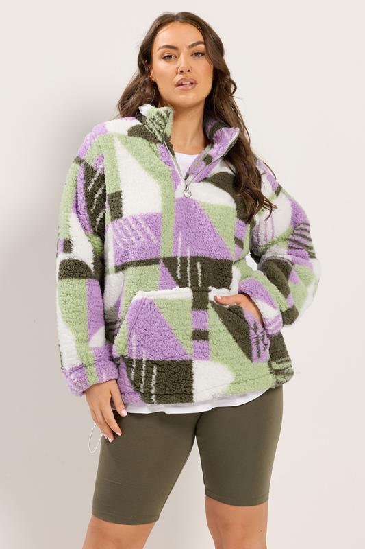 YOURS Curve Green & Purple Abstract Quarter Zip Fleece