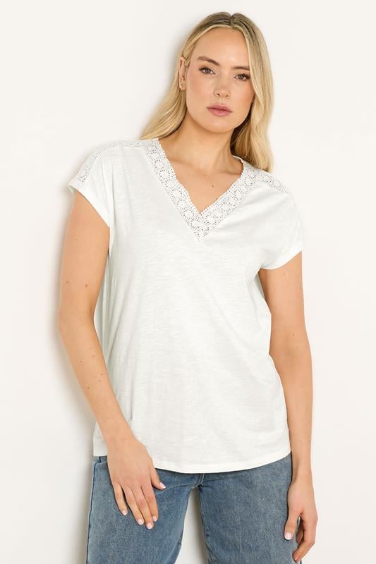 LTS Tall Ivory White Crochet Lace V-Neck Cotton T-Shirt