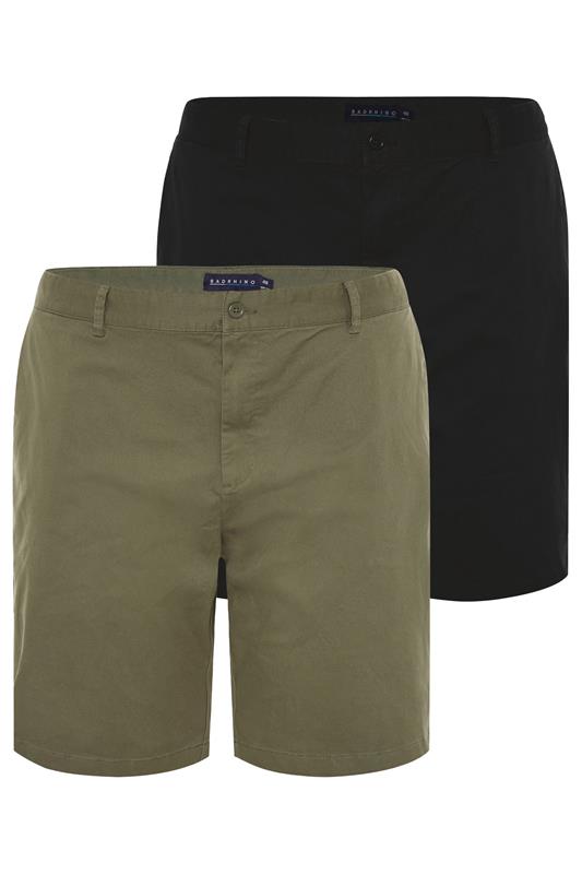 BadRhino Big & Tall 2 PACK Black & Khaki Green Stretch Chino Shorts | BadRhino 1