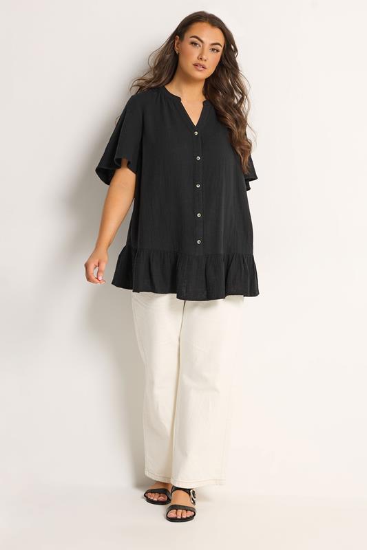 YOURS Plus Size Black Cheesecloth Button Through Top | Yours Clothing 1