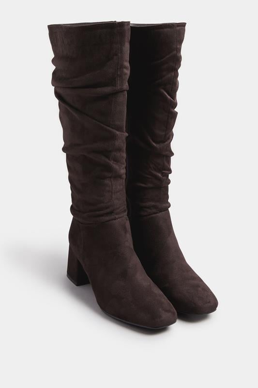 Chocolate Brown Faux Suede Ruched Knee High Boots In Standard Fit