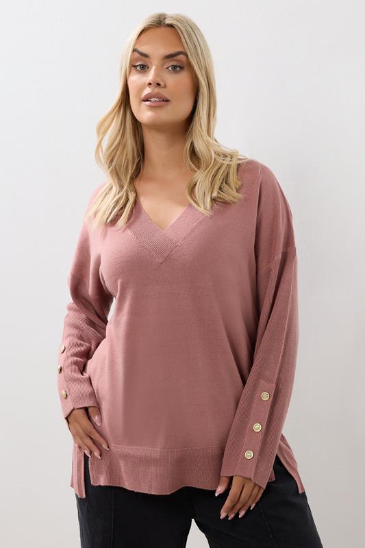 YOURS Curve Light Pink Button V-Neck Jumper