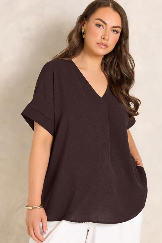 EVANS Curve Chocolate Brown Front Pleat Blouse