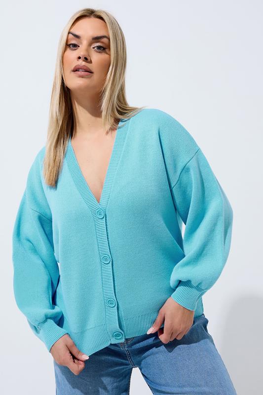 LIMITED COLLECTION Plus Size Light Blue Balloon Sleeve Knitted Cardigan | Yours Clothing 1