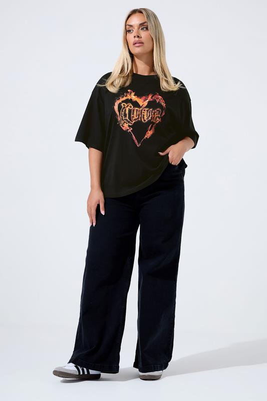 LIMITED COLLECTION Plus Size Black 'Love' Fire Heart T-Shirt | Yours Clothing 1