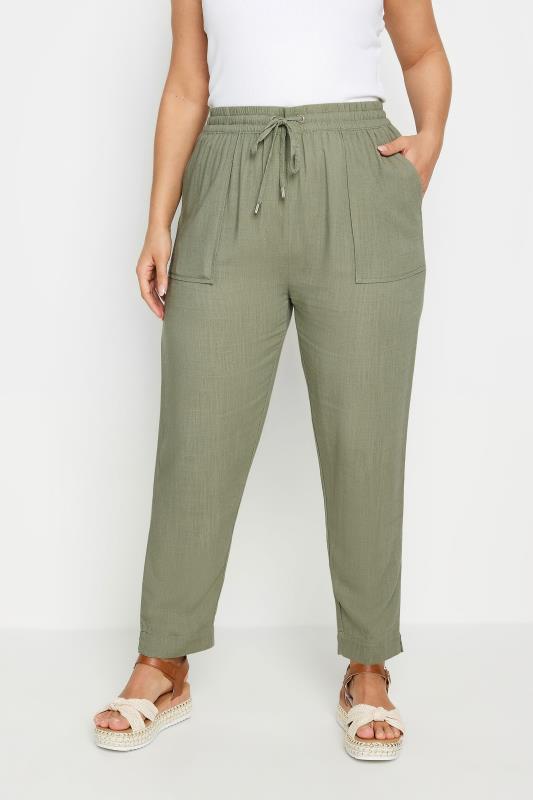 YOURS Curve Khaki Green Linen Tie Front Tapered Joggers