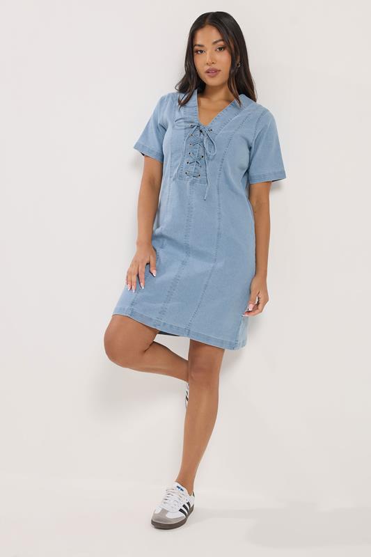PixieGirl Petite Women's Light Blue Lace Up Denim Mini Dress | PixieGirl 1