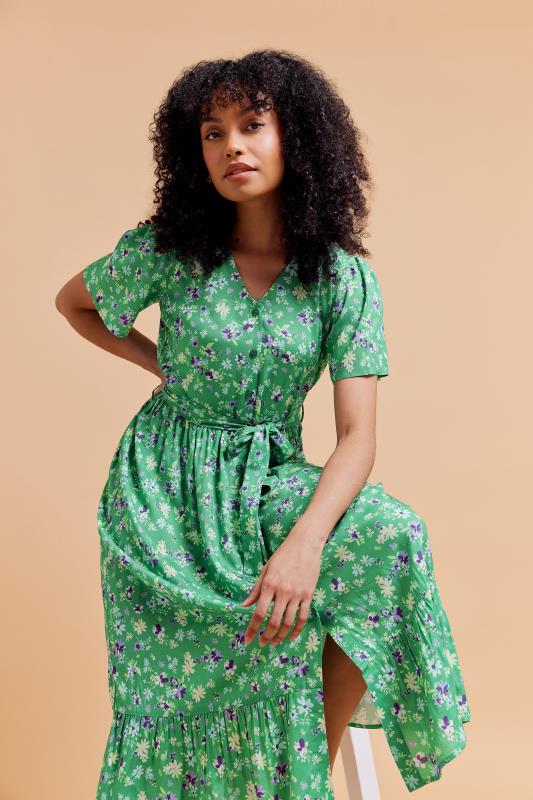 Women's  M&Co Green Floral Print Tie Waist Short Sleeve Maxi Dress