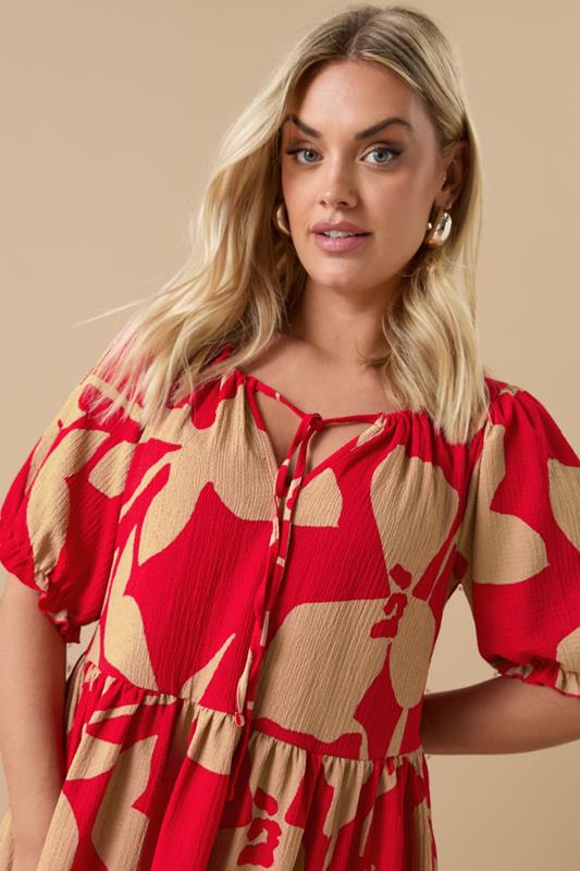YOURS Plus Size Red Abstract Floral Tie Neck Mini Dress | Yours Clothing 4