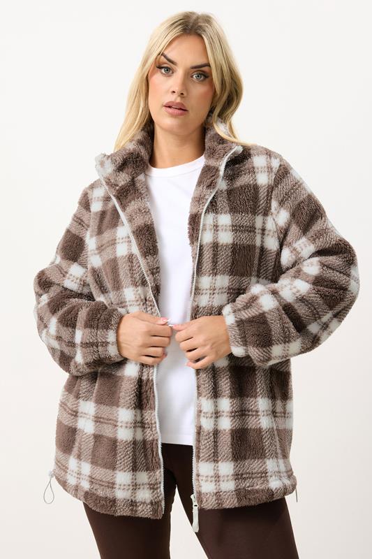 YOURS Curve Brown Check Zip Through Fleece Jacket