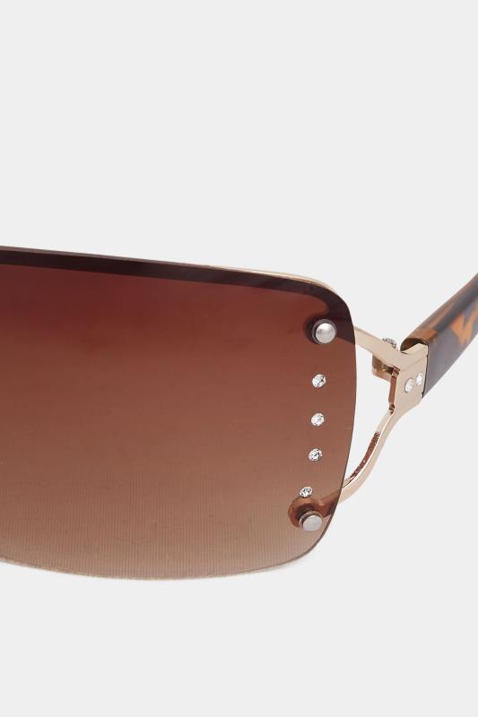 Brown Tortoiseshell Diamante Frameless Sunglasses | Yours Clothing 3