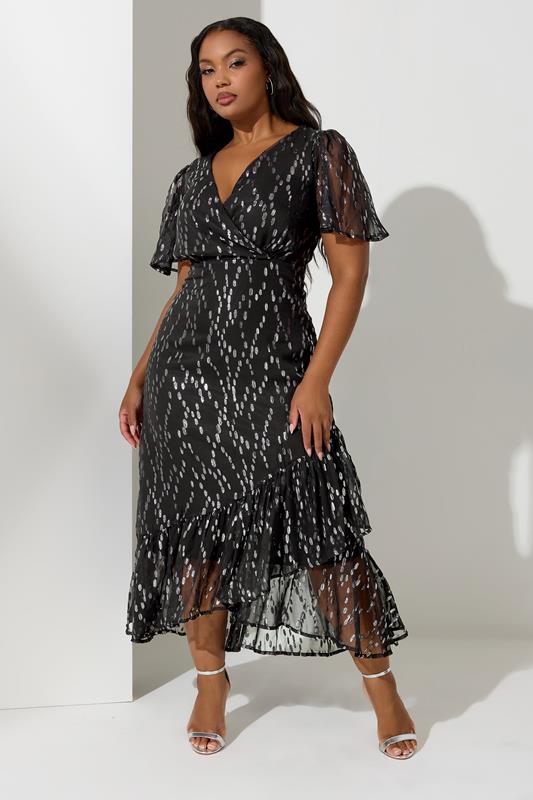 YOURS LONDON Plus Size Black & Silver Metallic Dobby Wrap Dress | Yours Clothing 1