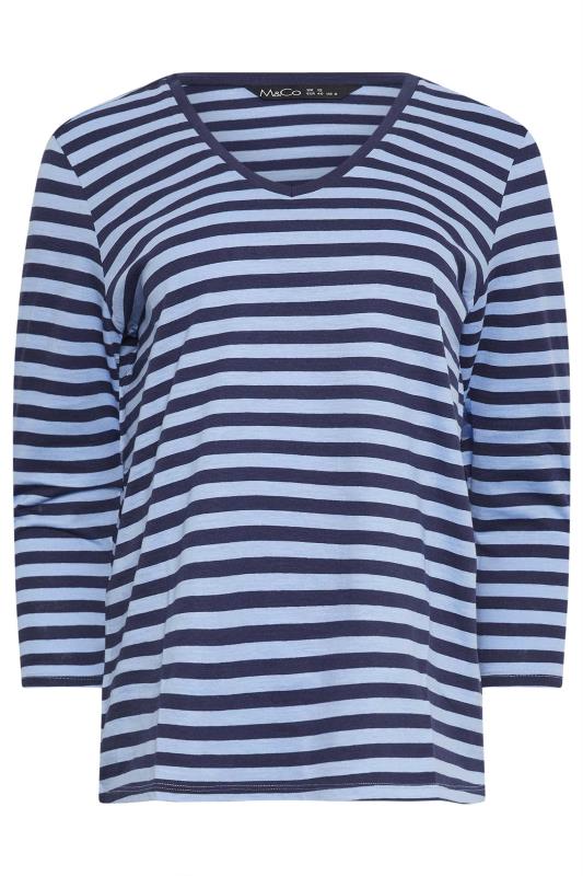 M&Co Navy & Blue Stripe V-Neck Cotton Long Sleeve T-Shirt | M&Co 5
