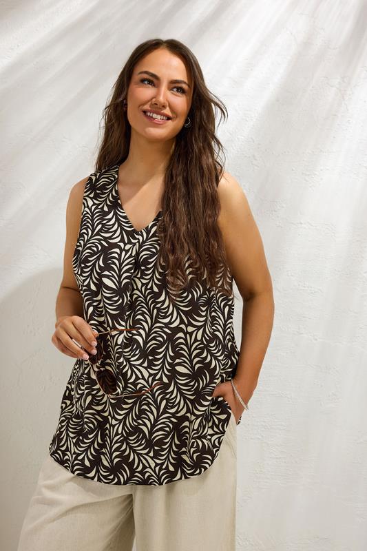 EVANS Plus Size Brown Leaf Print Linen Vest Top | Evans 1