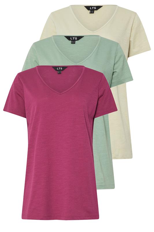 LTS Tall 3 PACK Sage Green & Berry Red Cotton V-Neck T-Shirts