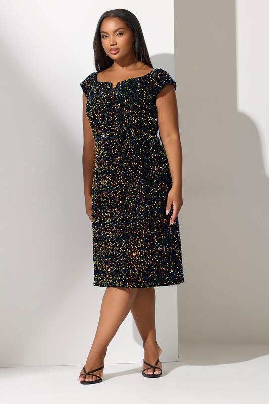 YOURS LONDON Plus Size Black Sequin Velvet Bardot Dress | Yours Clothing 1