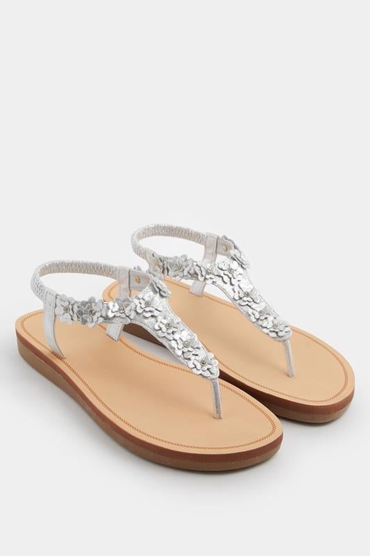 Silver Flower Detail Diamante Sandals In Wide E Fit