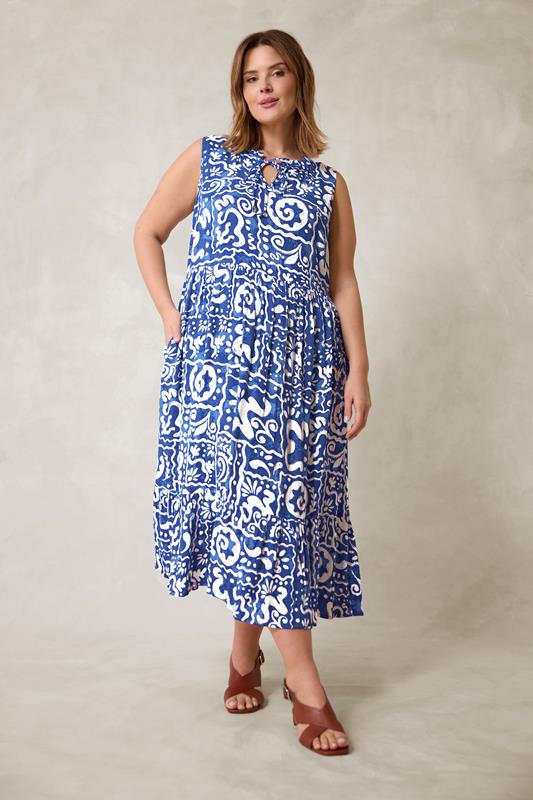 EVANS Plus Size Blue Abstract Print Tie Neck Maxi Dress | Evans 1