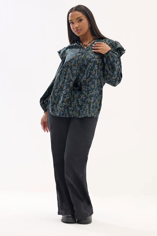 YOURS Plus Size Blue Ditsy Floral Print Frill Top | Yours Clothing 1