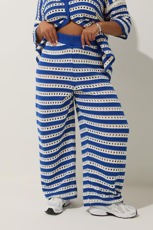 LIMITED COLLECTION Plus Size Blue & White Stripe Crochet Wide Leg Trousers | Yours Clothing 1