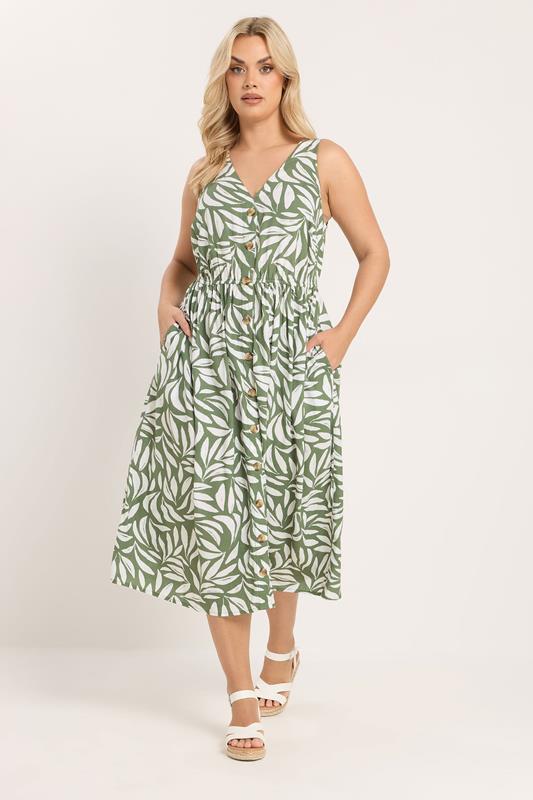 YOURS Curve Khaki Green Leaf Print Sundress