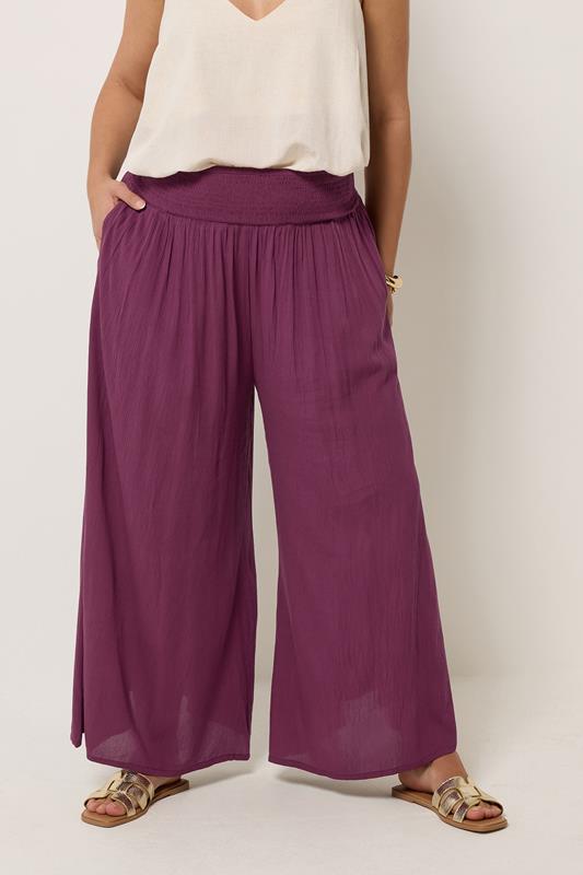 YOURS Plus Size Burgundy Red Shirred Trousers | Yours Clothing 1
